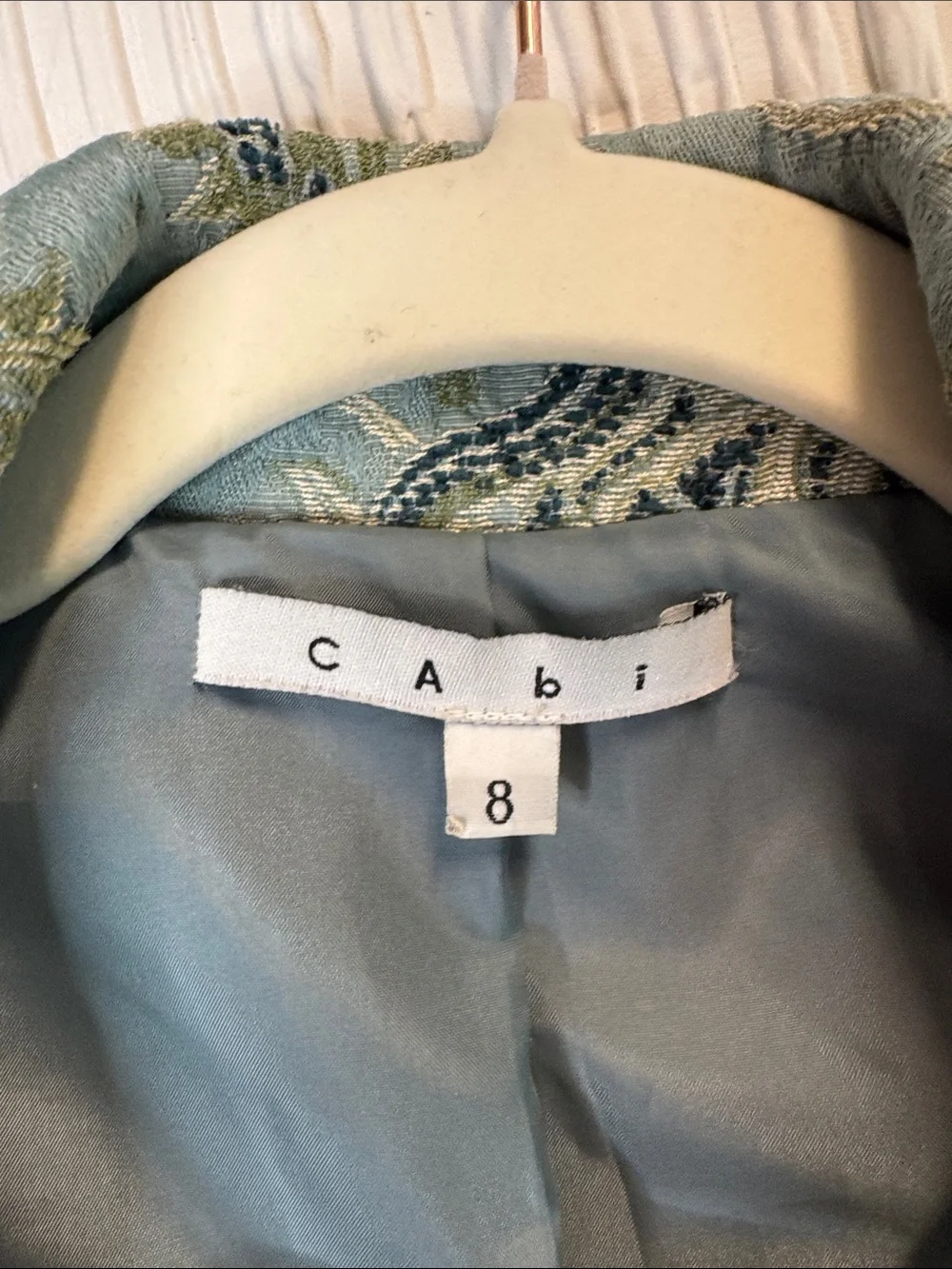 CAbi Powder Blue Floral Brocade Trench Coat